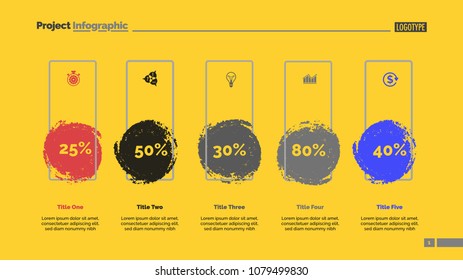 Five blots percentage chart slide template. Business data. Percent, review, design. Creative concept for infographic, presentation, report. Can be used for topics like banking, insurance, analysis.