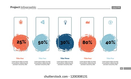 Five blots percentage chart slide template. Business data. Percent, review, design. Creative concept for infographic, presentation, report. Can be used for topics like banking, insurance, analysis.