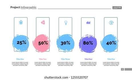 Five blots percentage chart slide template. Business data. Percent, review, design. Creative concept for infographic, presentation, report. Can be used for topics like banking, insurance, analysis.