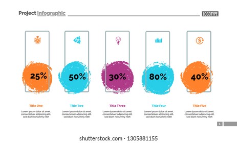 Five blots percentage chart slide template. Business data. Percent, review, design. Creative concept for infographic, presentation, report. Can be used for topics like banking, insurance, analysis.