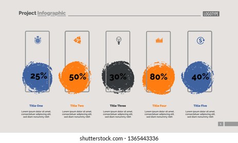 Five blots percentage chart slide template. Business data. Percent, review, design. Creative concept for infographic, presentation, report. Can be used for topics like banking, insurance, analysis.