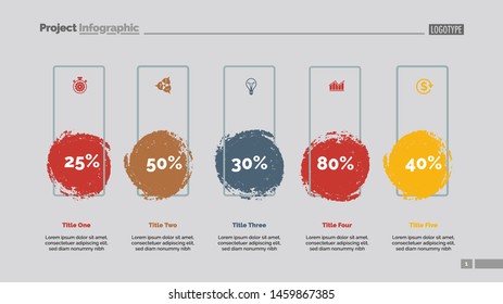 Five blots percentage chart slide template. Business data. Percent, review, design. Creative concept for infographic, presentation, report. Can be used for topics like banking, insurance, analysis.