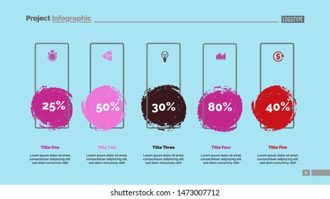 Five blots percentage chart slide template. Business data. Percent, review, design. Creative concept for infographic, presentation, report. Can be used for topics like banking, insurance, analysis.