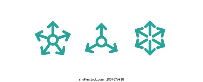 five blue arrows point out from the center . Expand Arrows icons set. Outward Directions icon. Vector illustration. Isolated on white. Merge, expand arrows icon. 