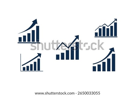 Five blue bar charts with upward arrows representing data visualization and growth on white background