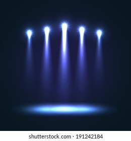Five blue bright projectors for scene lighting decoration on black vector background. Special light effects