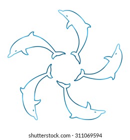 Five blue contour dolphin tails linked in a circle on a white background 