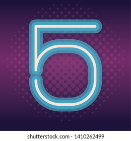 five blue font number neon over purple background dotted style vector illustration