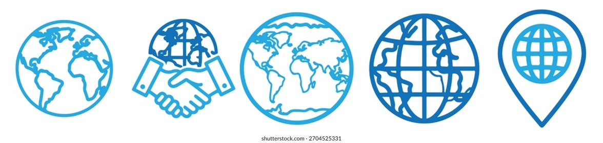 Cinco iconos del arte de la línea azul que muestran la conexión global, el mapa mundial, el apretón de manos sobre el globo terráqueo, y el pin de la ubicación con el símbolo de la tierra, enfatizando los negocios y los viajes internacionales, aislados en el fondo transparente