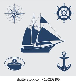 Five blue nautical symbols: sailing yacht, compass, steering wheel, captain's cap and anchor