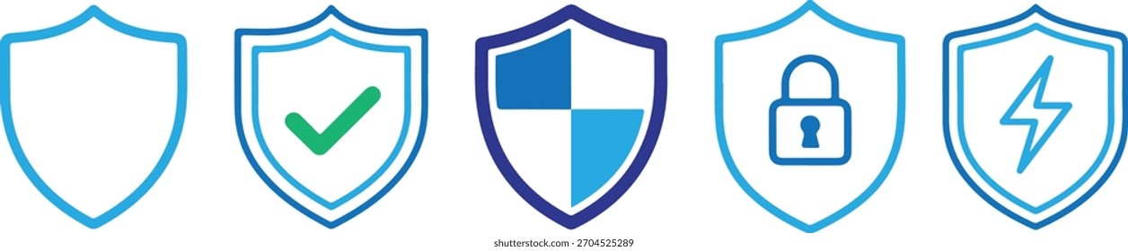 Cinco ícones azuis do escudo da estrutura de tópicos mostrando os níveis de segurança em branco, verificados com marca de seleção, padrão quadriculado, travado com cadeado e raio parafuso para energia, isolado no fundo transparente