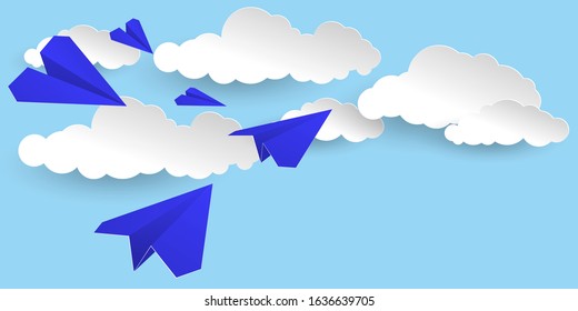 Five blue paper planes are flying in the clouds. Postcard with copy space. White clouds in a bright blue sky. Aiming for the top. Vector illustration in paper cut style.