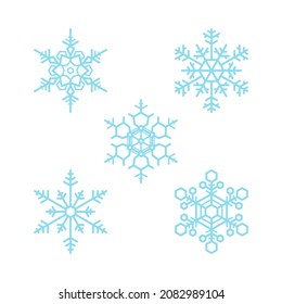 Five blue snowflake icon collection pattern set. Abstract image on a white background. Element design for logo, symbol, banner, card, cover, poster, tile, wall. Vector illustration.