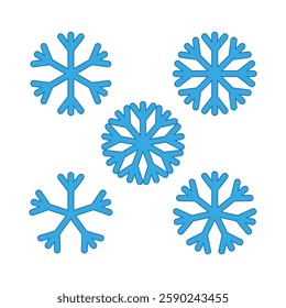 Five blue snowflakes. Various symmetric forms. A simple winter icon set.