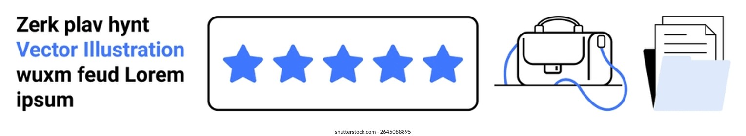 Five blue stars for review, briefcase with headphones, and documents. Ideal for business, education, digital content, marketing, presentations, user interface, professional portfolios. Landing page