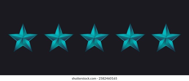 Five Blue Stars. Five star product rating, reviews and services Vector illustration 3d stars. Isolated on dark background