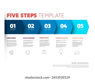 Five blue steps progress procedure infochart template with descriptions icons titles and big numbers. Simple inographic describing some process with five steps