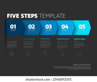 Modelo de infográfico de procedimento de progresso de cinco etapas azuis com descrições de títulos de ícones e números grandes em setas. Ininográfico simples descrevendo algum processo com cinco etapas no fundo escuro