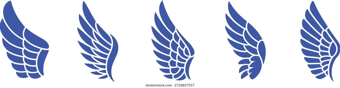Five blue stylized wings on white background symbol