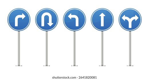 Five blue and white mandatory traffic signs, each mounted on a pole. They depict various directions and maneuvers like turning or continuing straight.