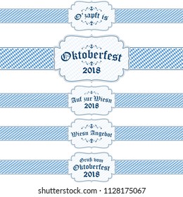 five blue and white Oktoberfest 2018 banners with different text