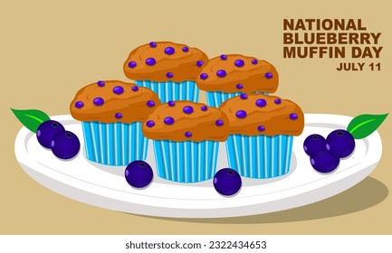 cinco magdalenas de arándano azul sobre una placa de porcelana con guarnición de arándano azul y texto en negrita conmemorando el Día Nacional del Muffin de Arándano Azul 11 de julio
