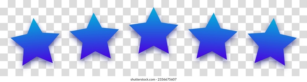 Five blue-purple stars with a shadow on a transparent background. Ranking concept for apps, games or website. The concept of feedback and evaluation of support. Vector illustration.