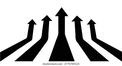 Five bold black arrows ascend upwards on a pristine white background, illustrating concepts of progress, growth, success, and a unified forward direction.