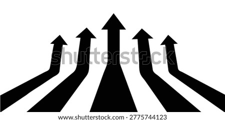 Five bold black arrows ascend upwards on a pristine white background, illustrating concepts of progress, growth, success, and a unified forward direction.