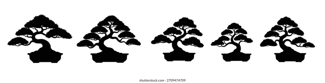 cinco silhuetas de árvore bonsai isoladas sobre fundo branco