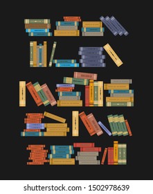 Five book compositions for shelves or racks. Randomly arranged books. Vector set