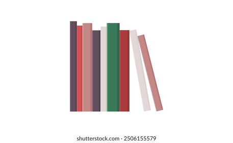 Cinco libros ordenados cuidadosamente con espinas mirando hacia adelante, de pie sobre una superficie, con un libro inclinado. La paleta de colores incluye rojos apagados, verdes y neutros, perfectos para la decoración del hogar.