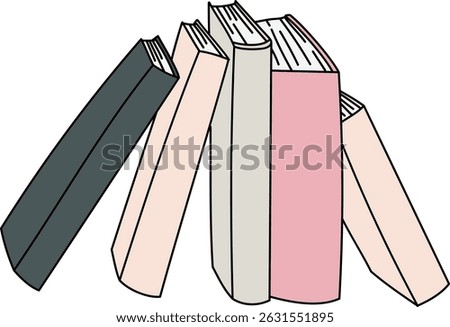 Five books leaning against each other in a playful cartoon style. The illustration depicts a casual arrangement with a hand-drawn appearance. Cartoon vector illustration.