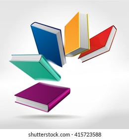 Five books. Stack of multi colored books. vector illustration. Soaring book readers and tablets