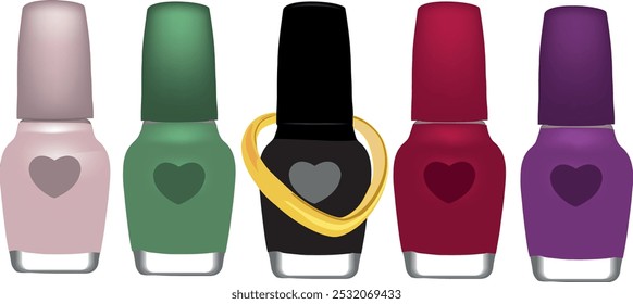 Cinco garrafas de esmalte de unha em várias cores com um anel de ouro ao redor do esmalte de unha preto