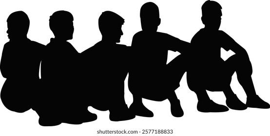 five boys sitting, body silhouette vectort