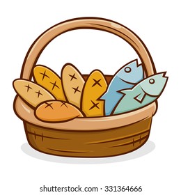 Five Bread And Two Fish In A Basket, Vector Illustration