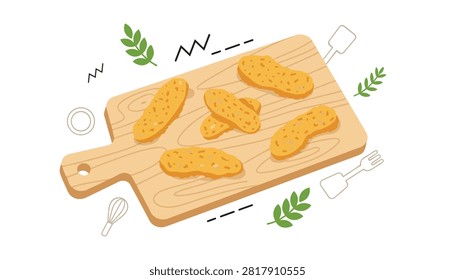 Five breaded chicken nuggets served on a wooden cutting board with scattered culinary icons including herbs and kitchen tools as garnish.