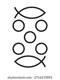 Fünf Brote oder Laibe und zwei Fisch-Symbol. Brotwunder. Fichtys-Zeichen. Vektorgrafik.