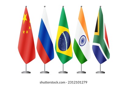 Five BRICS countries flags on flag stands, vector