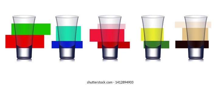 Five bright alcohol or non-alcohol shots with different tastes. Realistic illustration