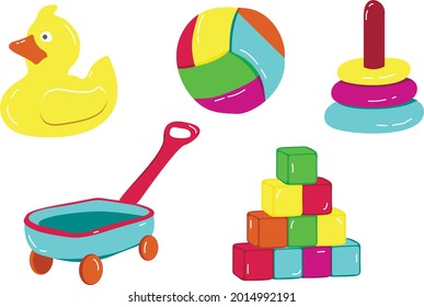 cinco juguetes infantiles brillantes con ilustración de vector resaltado