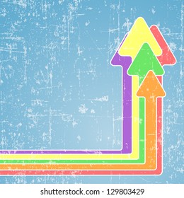 Five bright colorful arrows on light blue grunge background