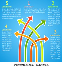 Five bright different way infographics. Vector illustration for modern funny indicating information design. Colorful being crossed arrows. Blue, red, green and orange colors.