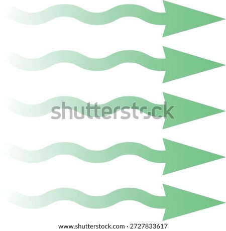 Five bright green directional arrows illustrate a concept of parallel flow, progress, and forward movement through a wavy, sinuous path. Each element features a subtle gradient, transitioning from lighter green on the left to a solid, vibrant green at the arrowhead tip. This vector graphic is ideal for visualizing concurrent processes, data streams, pathways, or multiple simultaneous tasks in presentations and infographics. It clearly signifies directionality and organized advancement across a white backdrop, emphasizing streamlined workflow and consistent momentum within a system.