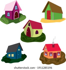 five bright houses with lawns around with different roofs and windows