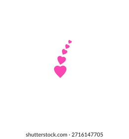 Cinco corazones de color rosa brillante de diferentes tamaños flotan hacia arriba en un sendero divertido y curvo contra un fondo blanco limpio.