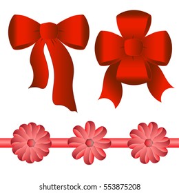 Five bright red bows of different shapes