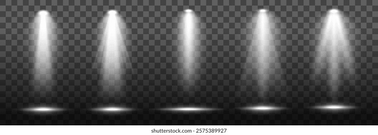 Five bright spotlights on a transparent background. Spotlights illuminate, creating dramatic effects. Perfect for stage, theater, or event design. Overlay effect vector element set.