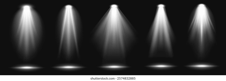 Five bright spotlights shine down, creating illuminated circles on a dark stage. Spotlights in a row, casting focused beams. Bright spotlights on a dark background. Overlay effect vector element set.